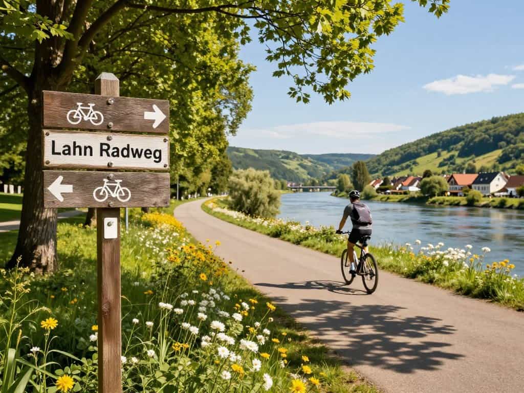 Lahn-Radweg Beschilderung – grüne Schilder mit roter Aufschrift Das Lahntal