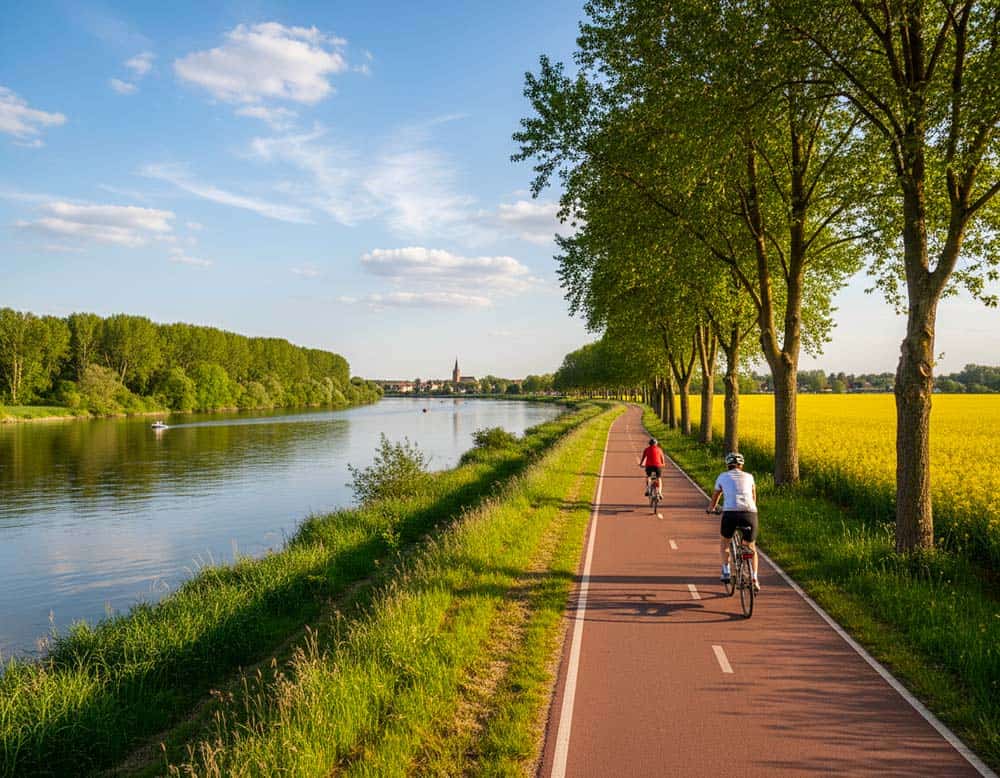 Radweg in Brandenburg an Flüssen wie an der Oder vorbei
